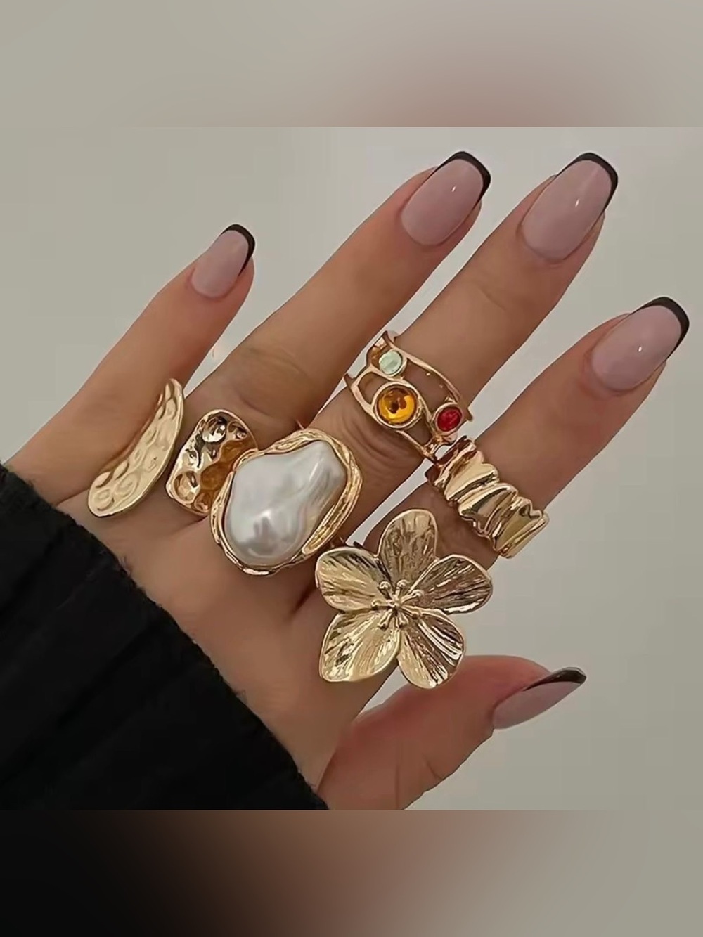 Gold-Tone Floral & Pearl Stackable Ring Set with Gem Accents